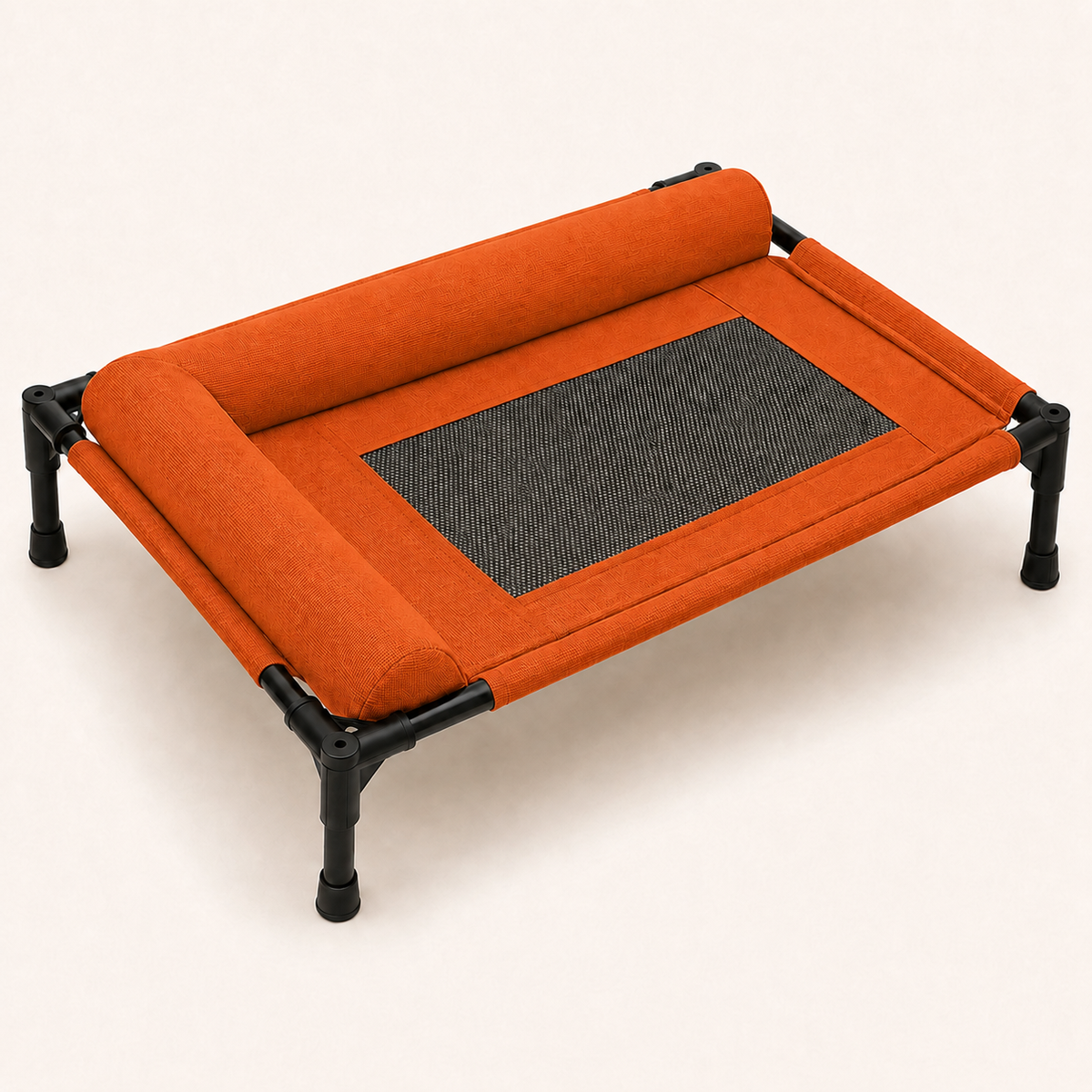 Illustration of the AirRest elevated mesh dog bed in orange with its padded pillow