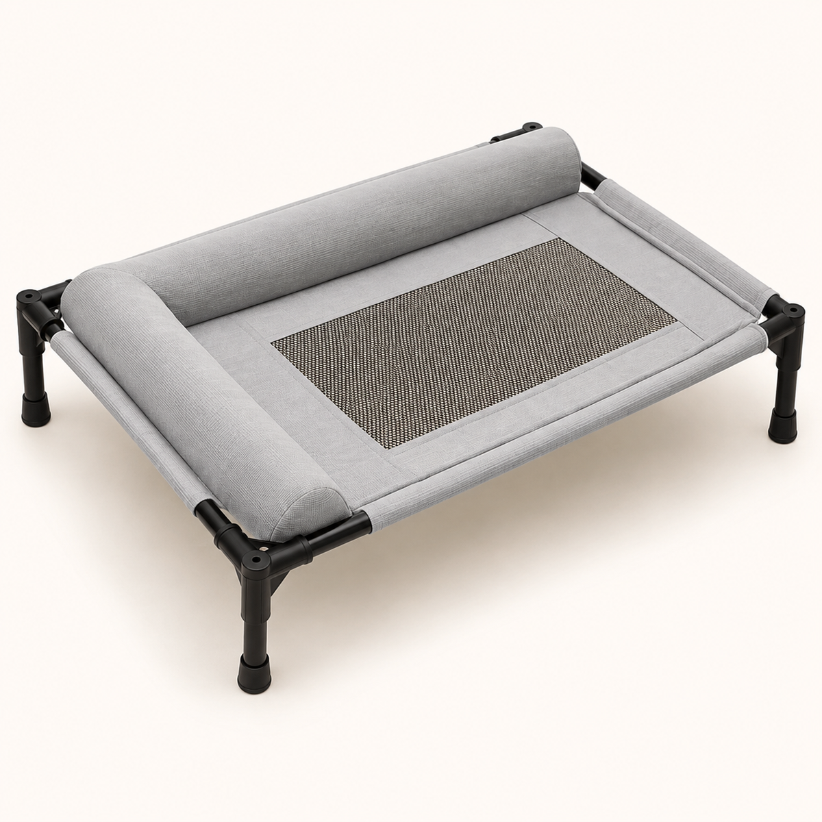 Illustration of the AirRest elevated mesh dog bed in gray with its padded pillow